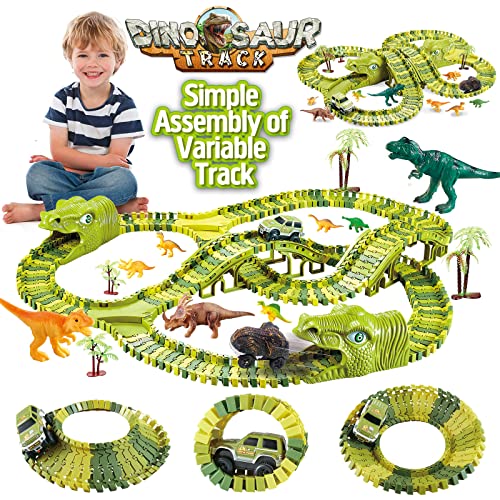 XC21002 Dinosaur Toys, Dinosaur Track Cars - 200 Pcs Train Tracks plus Dinosaurs & Cars to Create a Jurassic Dino World Track Set, Kids Christmas Birthday Party Gift for 3 4 5 6 Year Old Boys Girls