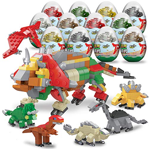 WISHTIME 12 Pcs Pre Filled Easter Eggs with Dinosaurs Building Blocks Toys, 3.25" Eggs for Easter Basket Stuffers, Easter Party Favors, Easter Egg Hunt, Classroom Events
