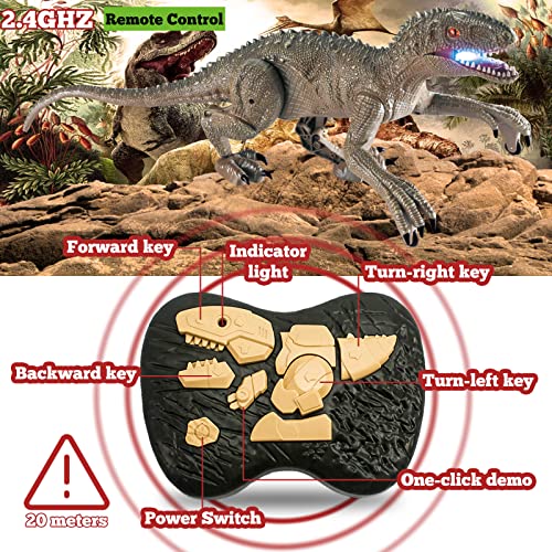 HANMUN Remote Control Dinosaur Toys - 2.4Ghz RC Walking Velociraptor Robot with LED Eye, Roaring Sound, Shaking Head & Tail, Jurassic Dino Gifts for Boys Kids 6-12 Years Old (Gray)