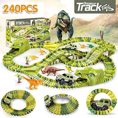 XC20001 Dinosaur Race Track Car Toy Set - 240 Pcs Flexible Train Tracks with 8 Dinosaurs, Race Cars, Bridge, Tree, Kids Christmas Birthday Party Gift Jurassic Dinosaur Playset for 3 4 5 6 Year Old
