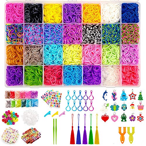 AX19001 Rubber Band Bracelet Kit for Girls Toys - 11700+ PCS DIY Bracelet Making Kit Includes 10000+ Bands in 28 Colors, 175 Beads, 30 Charms, 5 Tassels, 5 Crochet Hooks, 3 Hair Clips