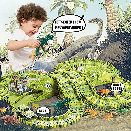XC20001 Dinosaur Race Track Car Toy Set - 240 Pcs Flexible Train Tracks with 8 Dinosaurs, Race Cars, Bridge, Tree, Kids Christmas Birthday Party Gift Jurassic Dinosaur Playset for 3 4 5 6 Year Old