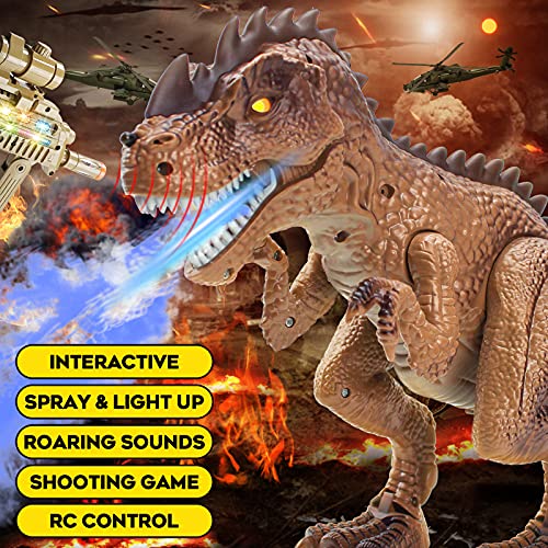 Remote Control Dinosaur Toys for Kids - Electric Toy RC T-Rex React to Shooting, Spraying Walking Dinosaur with Roaring Realistic Simulation Sounds and LED Light, Gift for 2-6 Year Old Boys, Brown