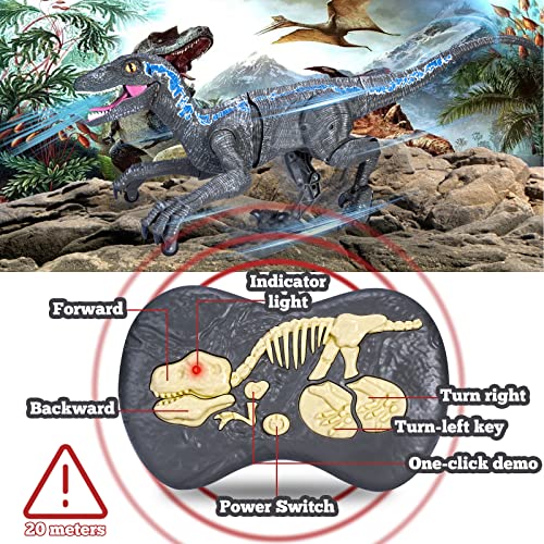 ZM21003 Remote Control Dinosaur Toys - (Rechargeable) 2.4Ghz RC Walking Robot Velociraptor with LED Eye, Roaring Sound, Shaking Head & Tail, Jurassic Dino Electronic Toys Gifts for Kids 5-9 Years Old