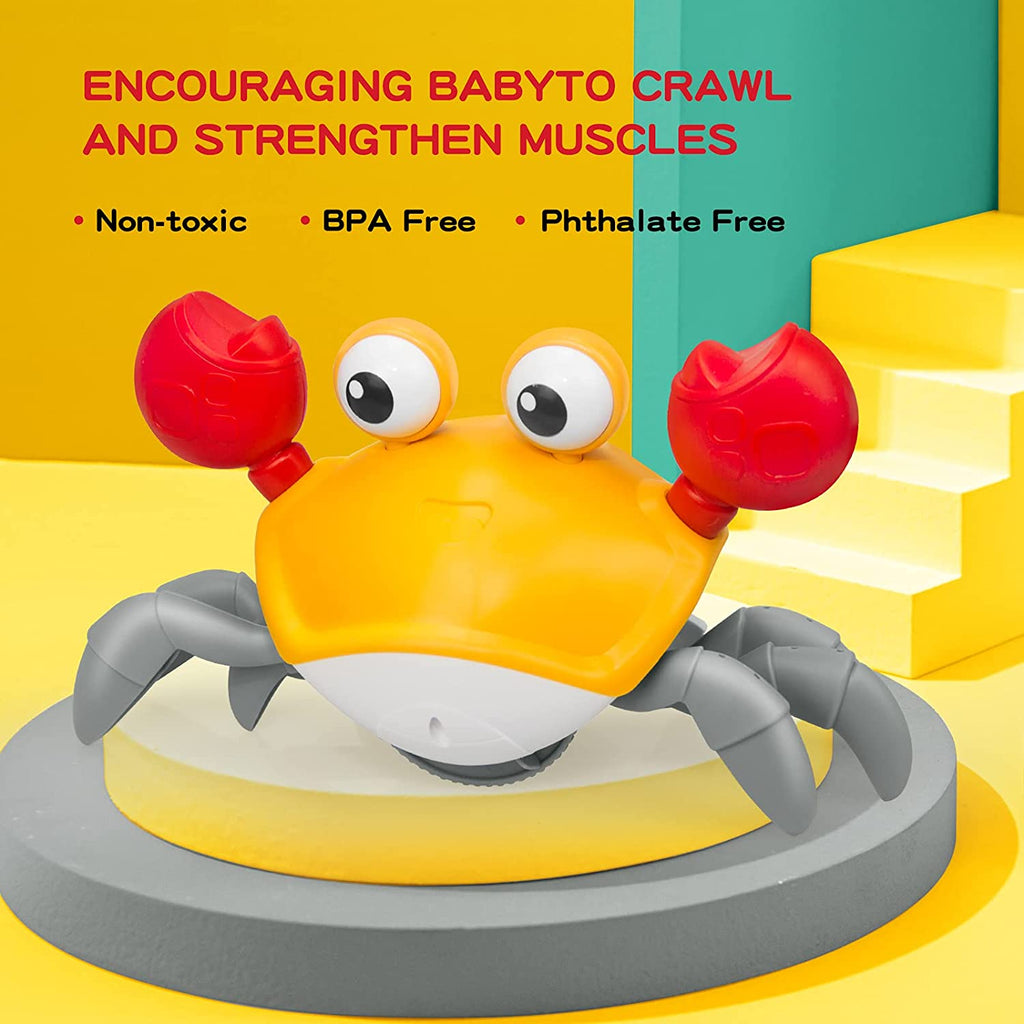 Hanmun Orange Crawling Crab Baby Toy with Music and LED Light Up for Kids, Toddler Interactive Learning Development Toy with Automatically Avoid Obstacles, Build in Rechargeable Battery