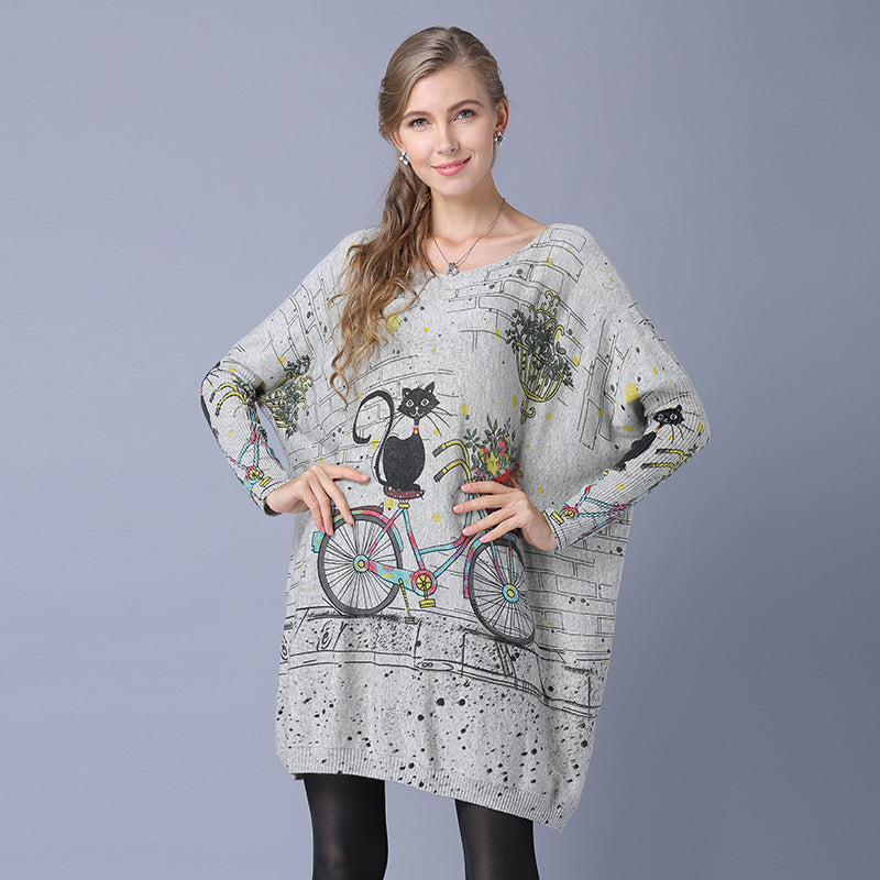 New Fall Women's Clothing Sweater off-Neck Bicycle Cat Printing Long Sleeve Pullover Sweaters Bottoming Shirt Top