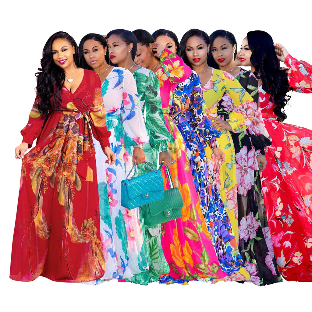 YM-8214 Women's Long Sleeve Floral Printed Sexy V Neck Chiffon Maxi Dress