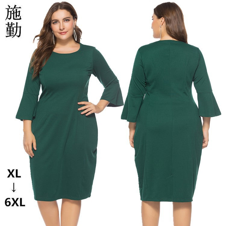 round Neck Slim-Fit Flared Sleeves Midi Dress