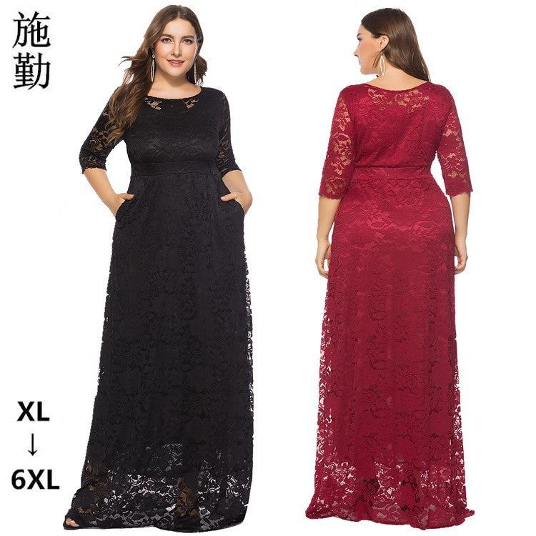 Hollow Lace Pocket Dress European and American High Quality Evening Long Dress