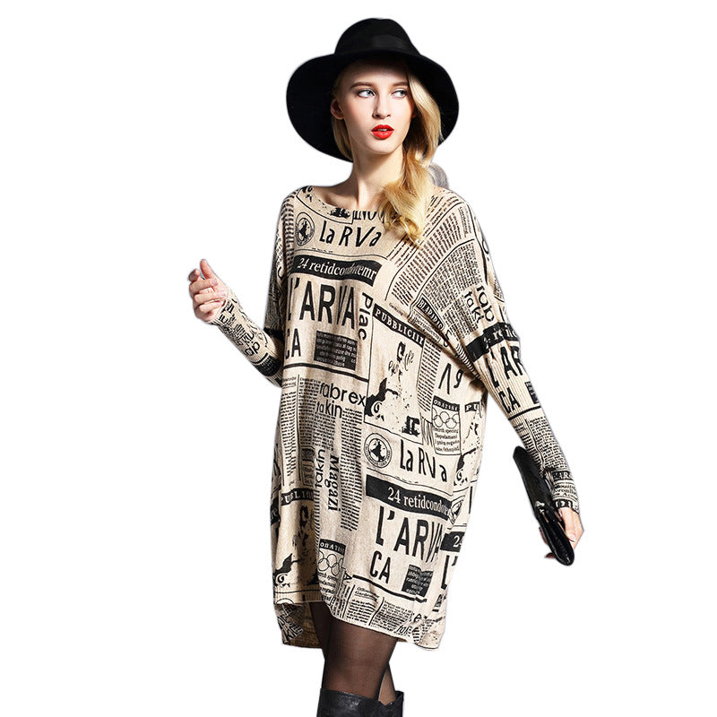 Large Size Women's Loose Pullover Print Newspaper Mid-Length Sweater Base Sweater