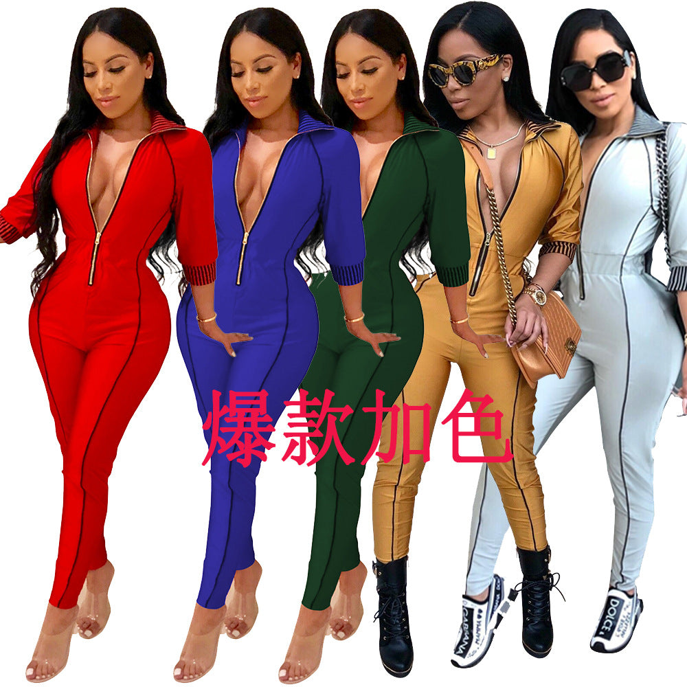 Ym-8277 AliExpress Amazon Hot Hot Sale in Europe and America Autumn and Winter Women's Solid Color Sexy Jumpsuit
