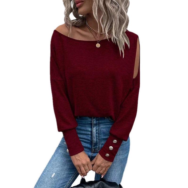 Solid Color Fashion off-the-Shoulder Cuff and Button T-shirt