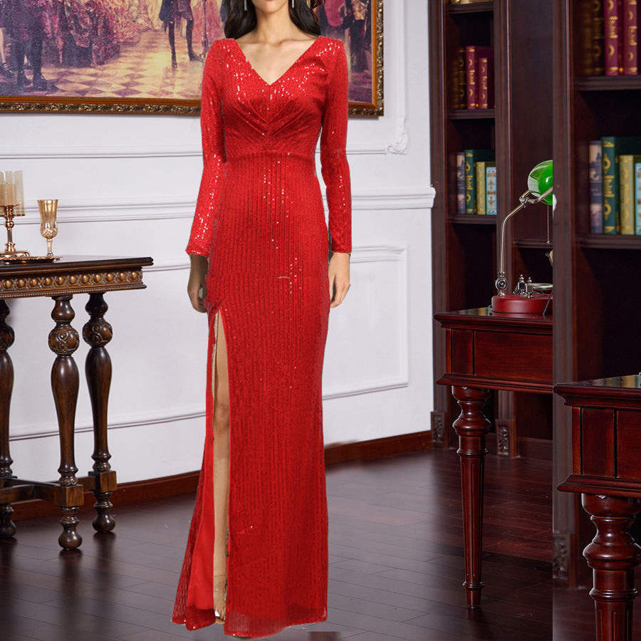 Long Sleeve V-neck Slim Fit Long Formal Dress Wedding Banquet Party Multicolor Sequined Night