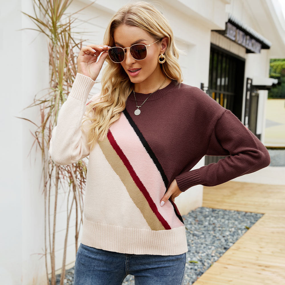 Oblique Stripe Color Matching Sweater Amazon Fashion Crew Neck Pullover Sweater Women