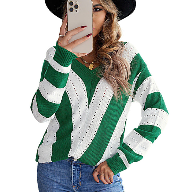 Knitted Pullover European and American Sweater Striped Contrast Color Long Sleeves Deep V-neck Knitted Bottoming Shirt