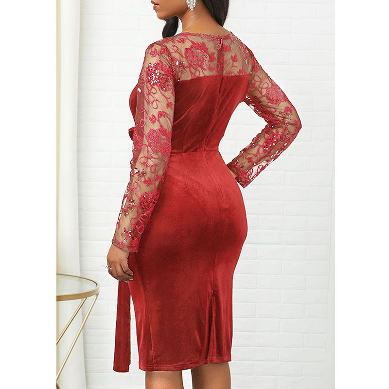 Velvet Dress Sexy Women Clothing round Neck Lace Stitching Solid Color Slim-Fit Sheath