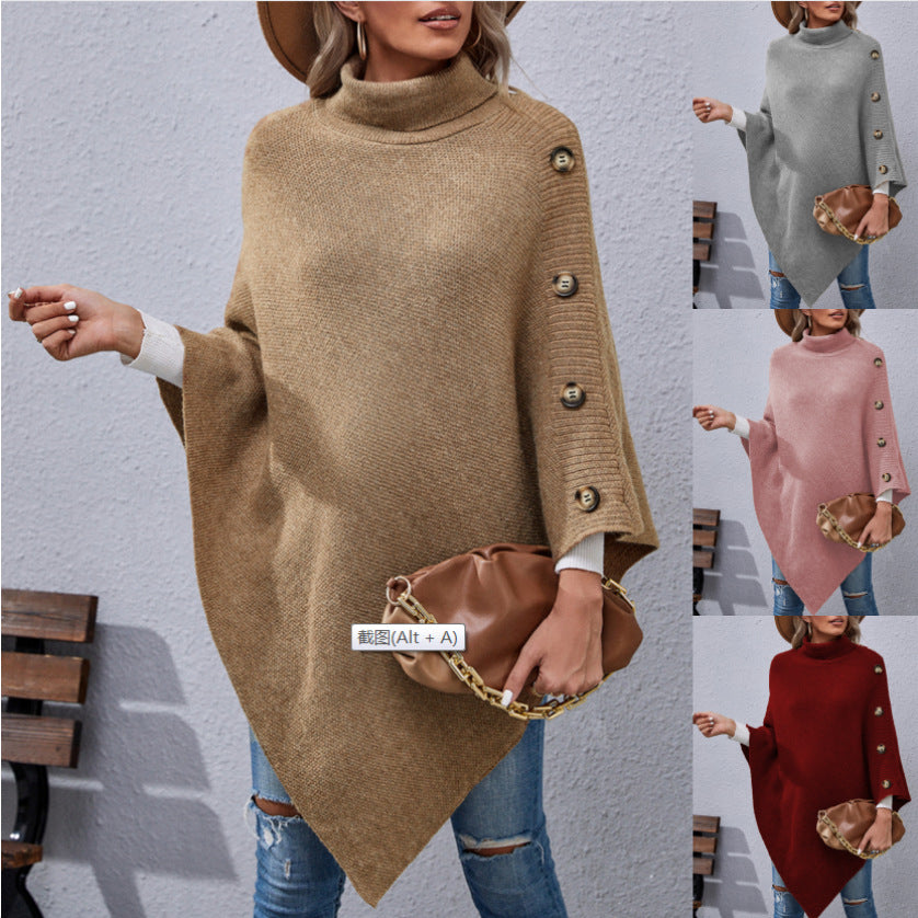 Button Turtleneck Irregular Sweater Shawl Cape Women