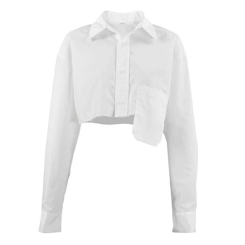 Asymmetric Short-Stitched White Shirt Cropped Fashion Casual Dignified Design Women's Clothing