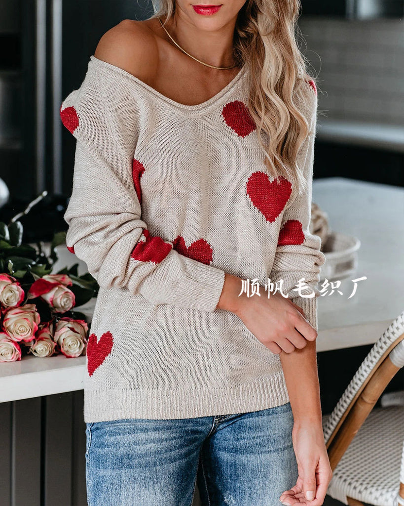 Loose Love Valentine's Day V-neck Sweater European and American Pullover Women