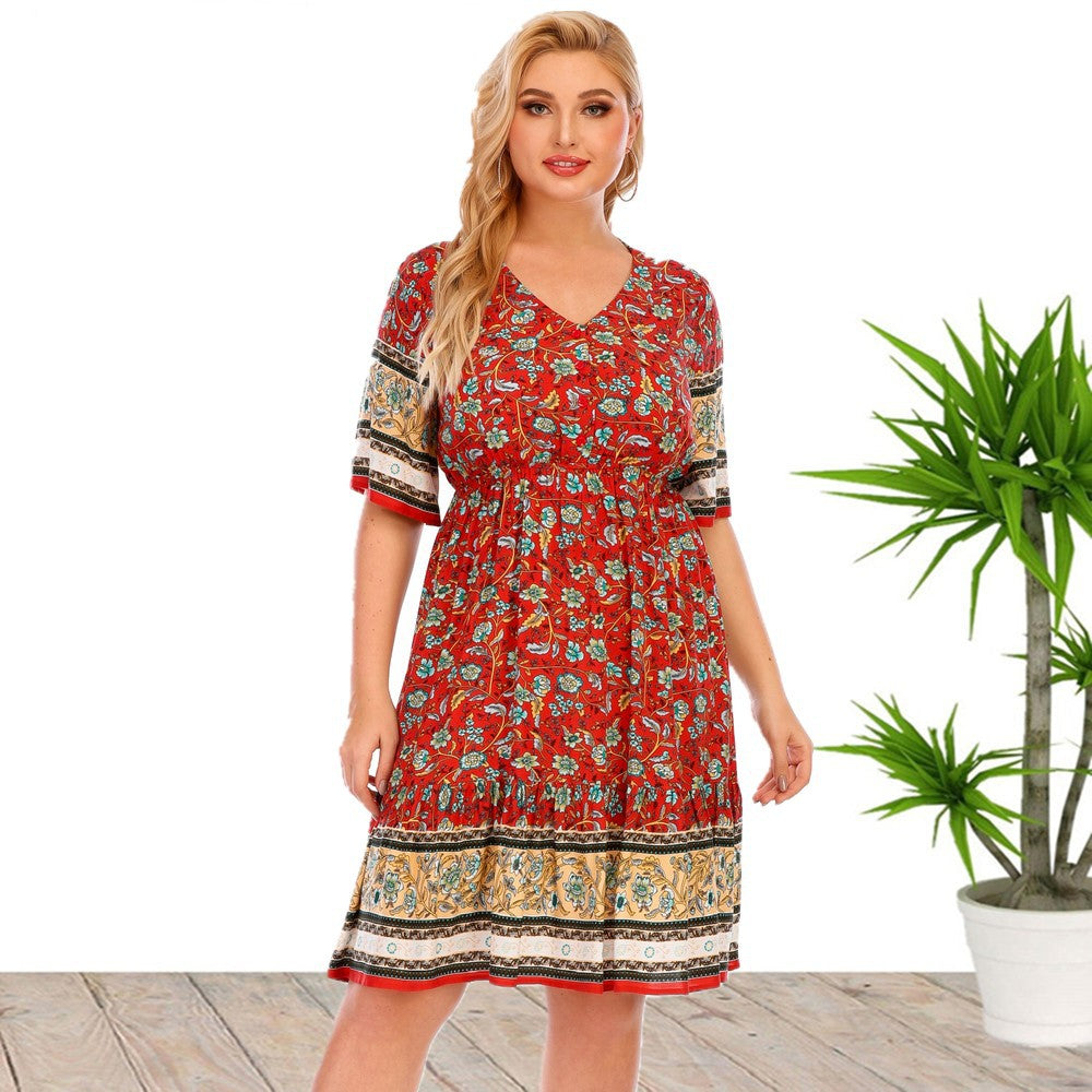 European and American plus Size Women's Clothes Short Sleeve Printed Dress