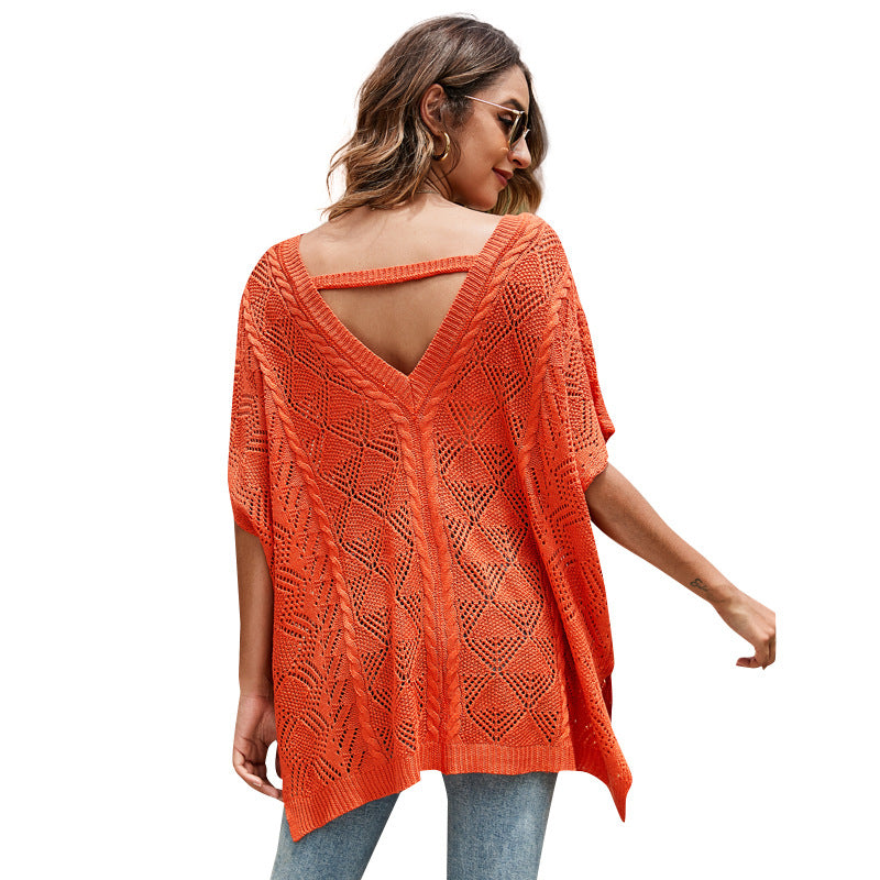 Batwing Sleeve Knitted Blouse Solid Color and V-neck Hollow Short Sleeve Knitted Shawl