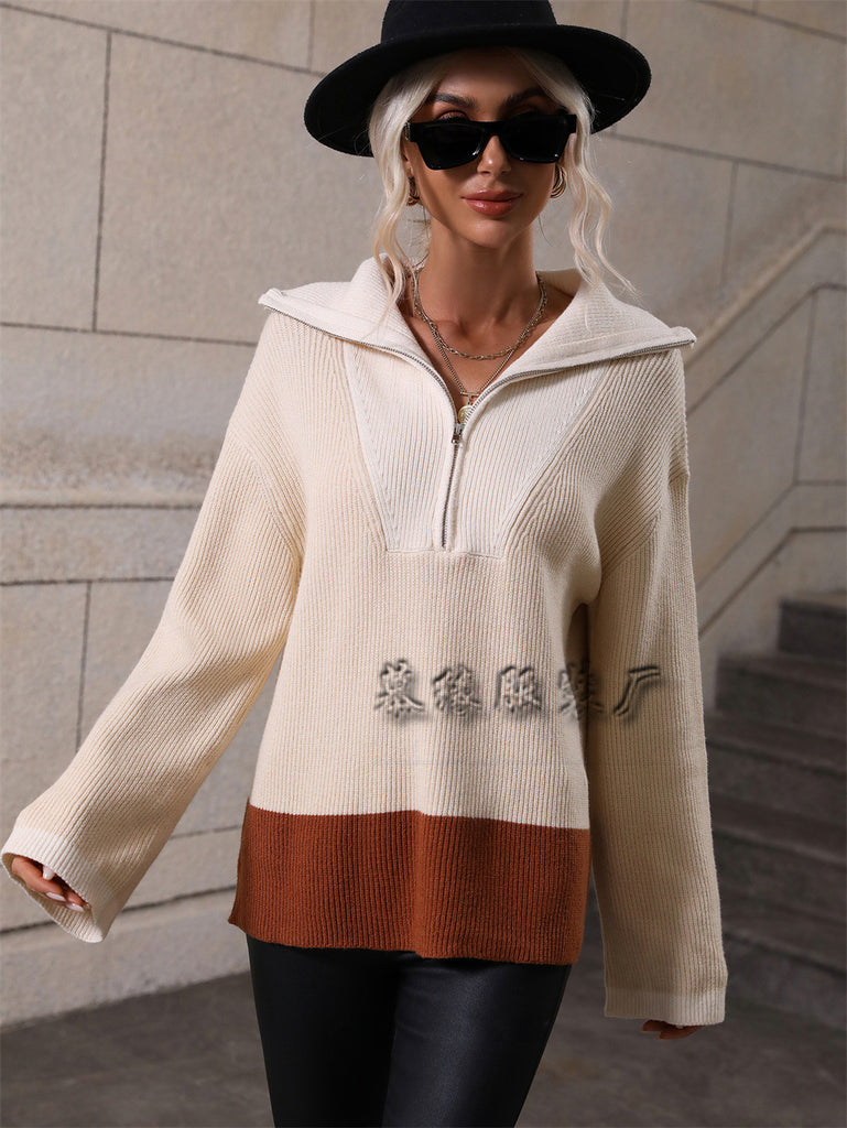 Women's Color Matching Knitted Long-Sleeved European and American Autumn and Winter Knitting European and American Women's Clothing Zipper Sweater