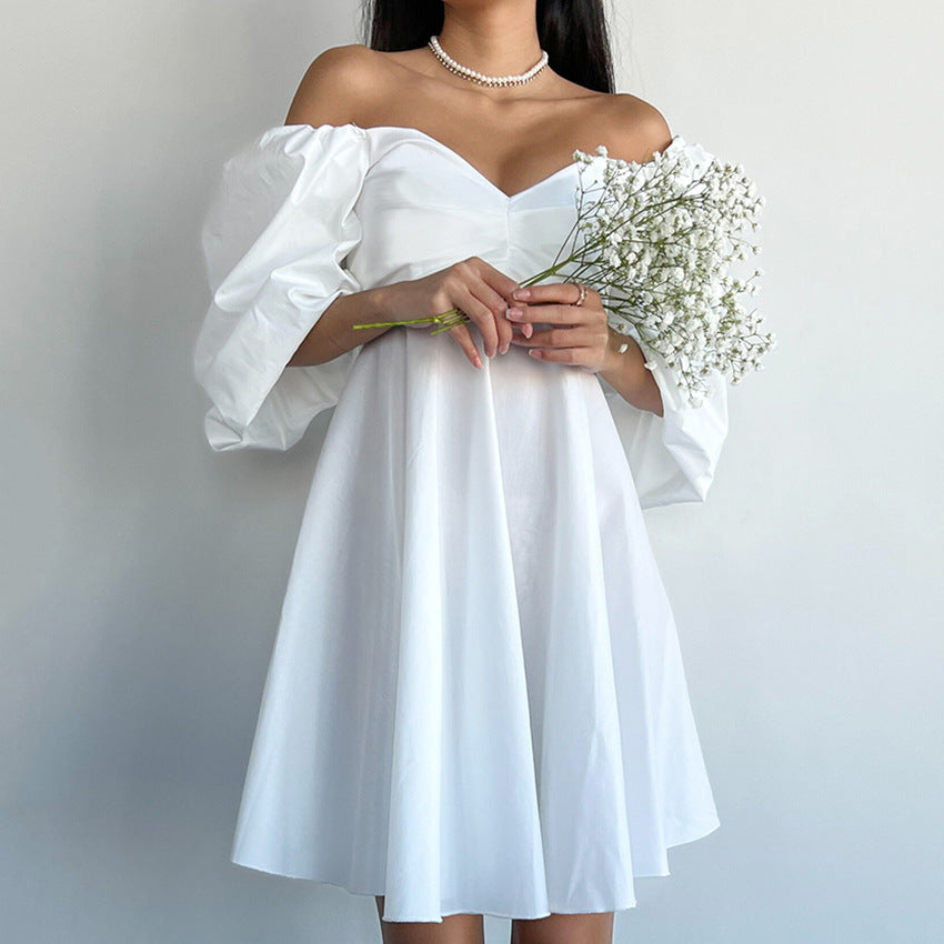 European and American Solid Color Girl's Dress Two-Way Wear Cold-Shoulder Elegant High Waist Puff Sleeve Slim White Dress Dress
