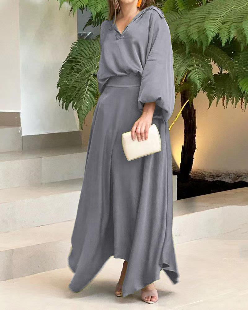 Loose-Fitting Solid Color Long Sleeves Top High Waist Long Skirt Suit