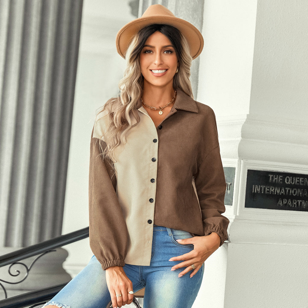2022 Early Autumn New Contrast Color Top Women's Clothing European and American Color Matching Loose Shirt Coat