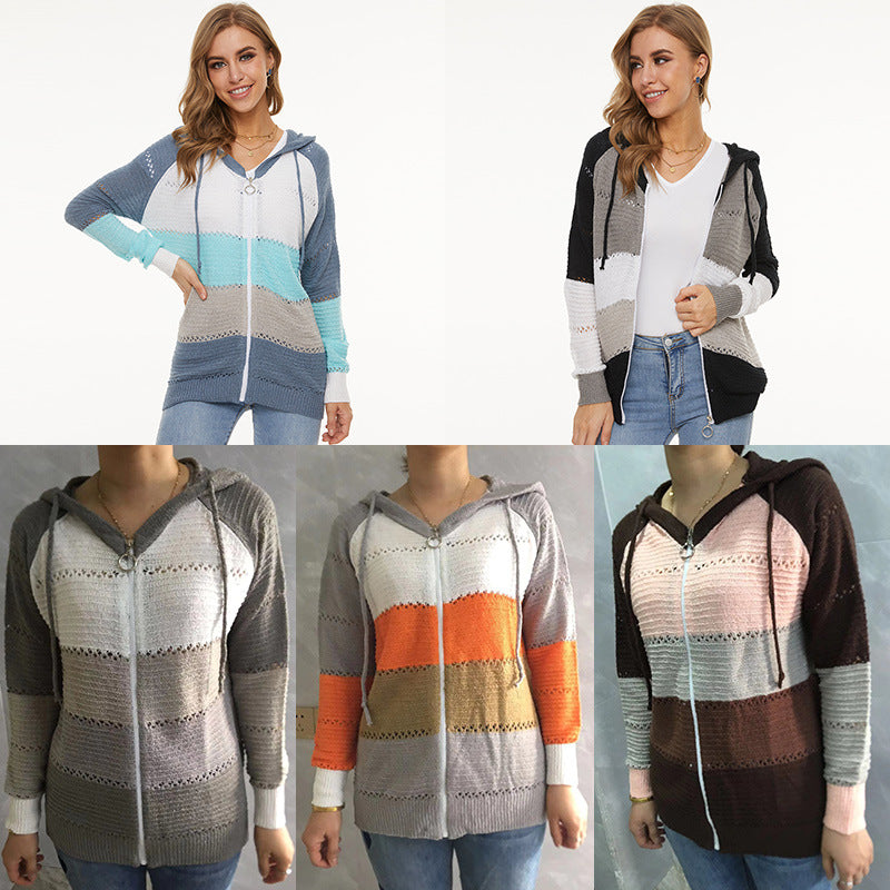 Bestseller Long-Sleeve Cardigan Sweater Striped Ripped Hoodie Knitwear Coat for Women