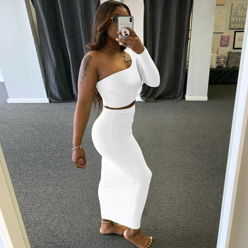 One-Shoulder Long Sleeves Cropped Waist Short Top Slim Sheath Dress Two-Piece Suit Women's Clothing