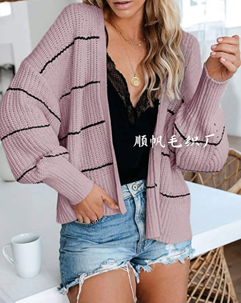 Striped Knitted Coat Commuter Ol plus Size Color Sweater Cardigan