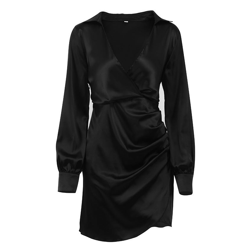 European and American-Style Low Collar Dress Short Skirt Women's Satin Deep V-neck A- line Skirt Waist-Tight Artificial Silk
