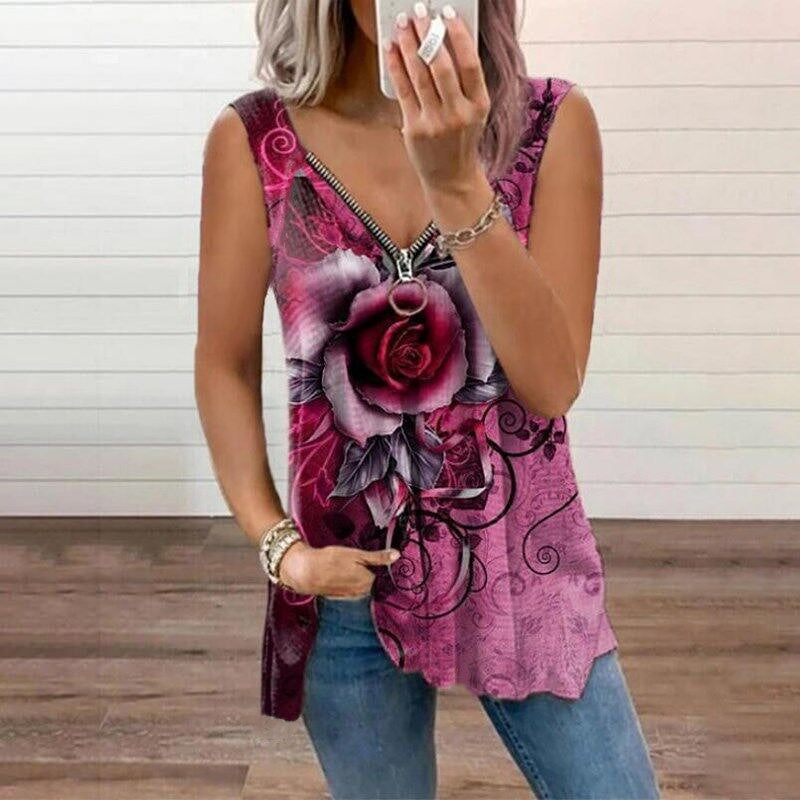 V-neck Zipper Rose Print Casual T-shirt Top Vest