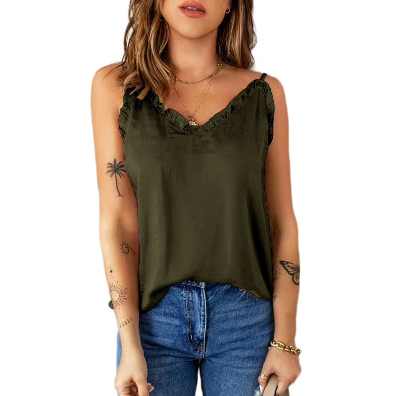 Ruffled Spaghetti-Strap Camisole Top Chiffon Shirt