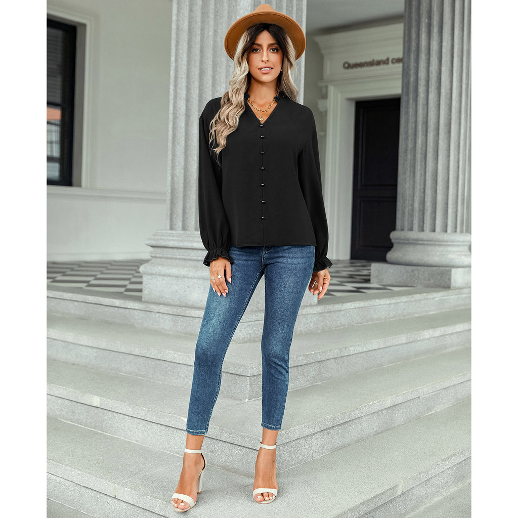 2022 Autumn and Winter New V-neck Top Women's Clothing Fashion Fastener Decoration Solid Color Shirt