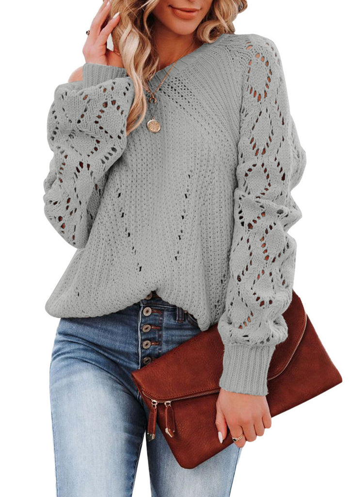 Solid Color Loose Top Women's Autumn and Winter Hollow Pattern round Neck Sweater Women