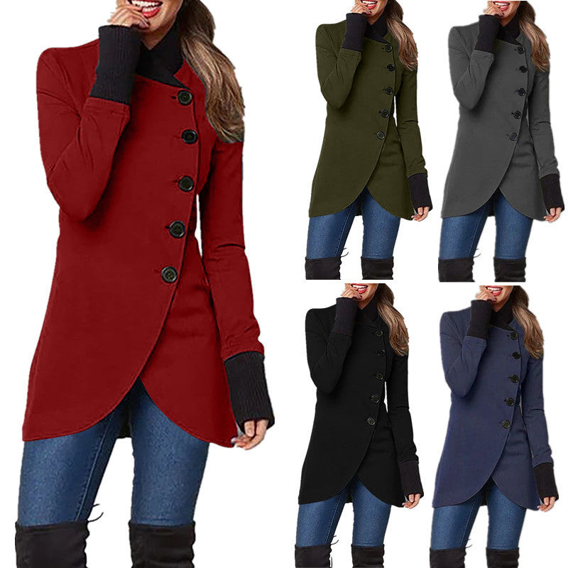 Autumn and Winter Solid Color Single-Breasted Stitching Slit Hemline at Hem Long-Sleeved Coat