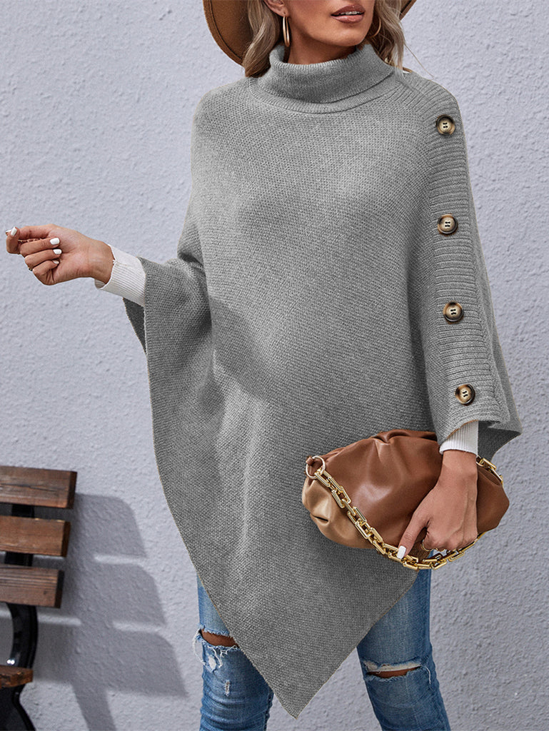 Button Turtleneck Irregular Sweater Shawl Cape Women