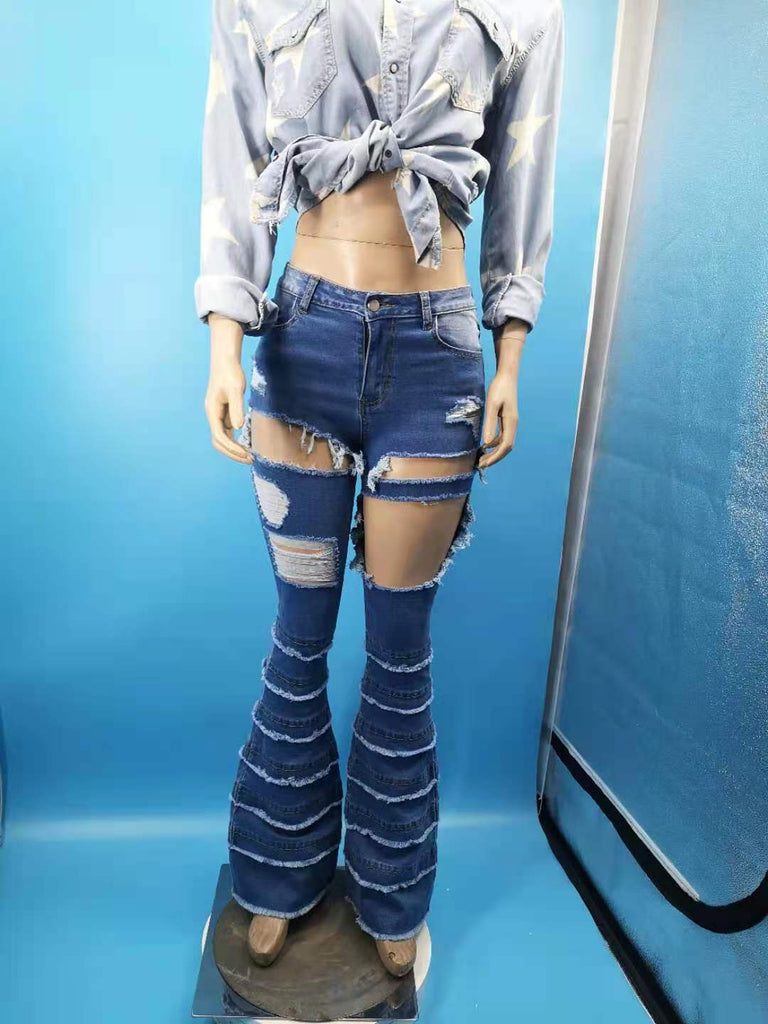 Bestseller Fashion Big Ripped Denim Bootcut Pants