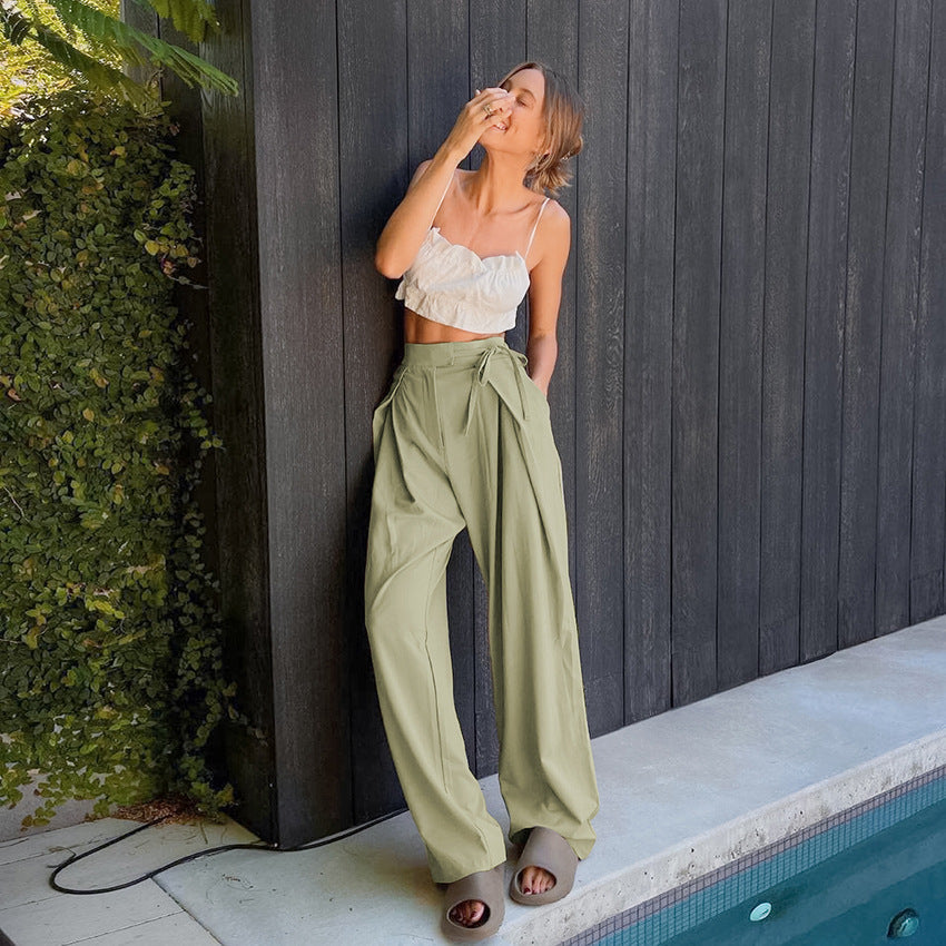 Trousers Loose Straight Bow High Waist Temperament Mop Draping Green Casual Pants