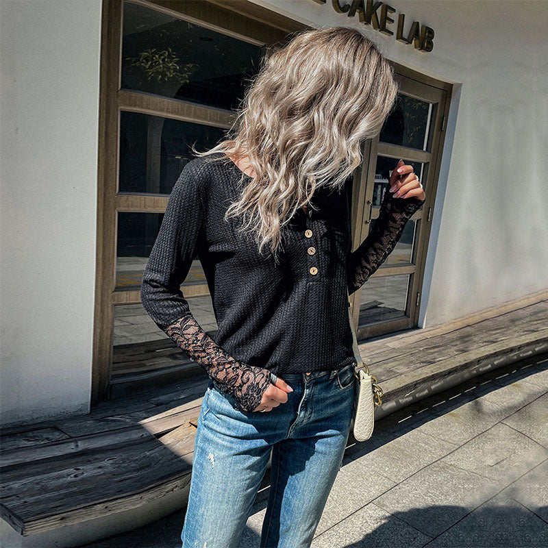 Early Autumn European and American Style Casual Women's Wear Long-Sleeved Lace Bottoming Black Sweater