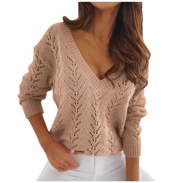 Polish Style Solid Color Mocha Hollow out V-neck Knitwear Sweater