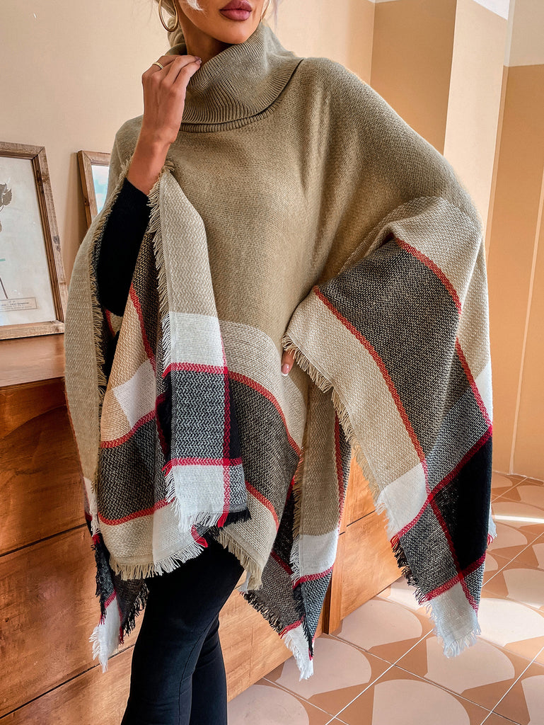 Autumn and Winter New High Neck Plaid Tassel Shawl Sweater Coat