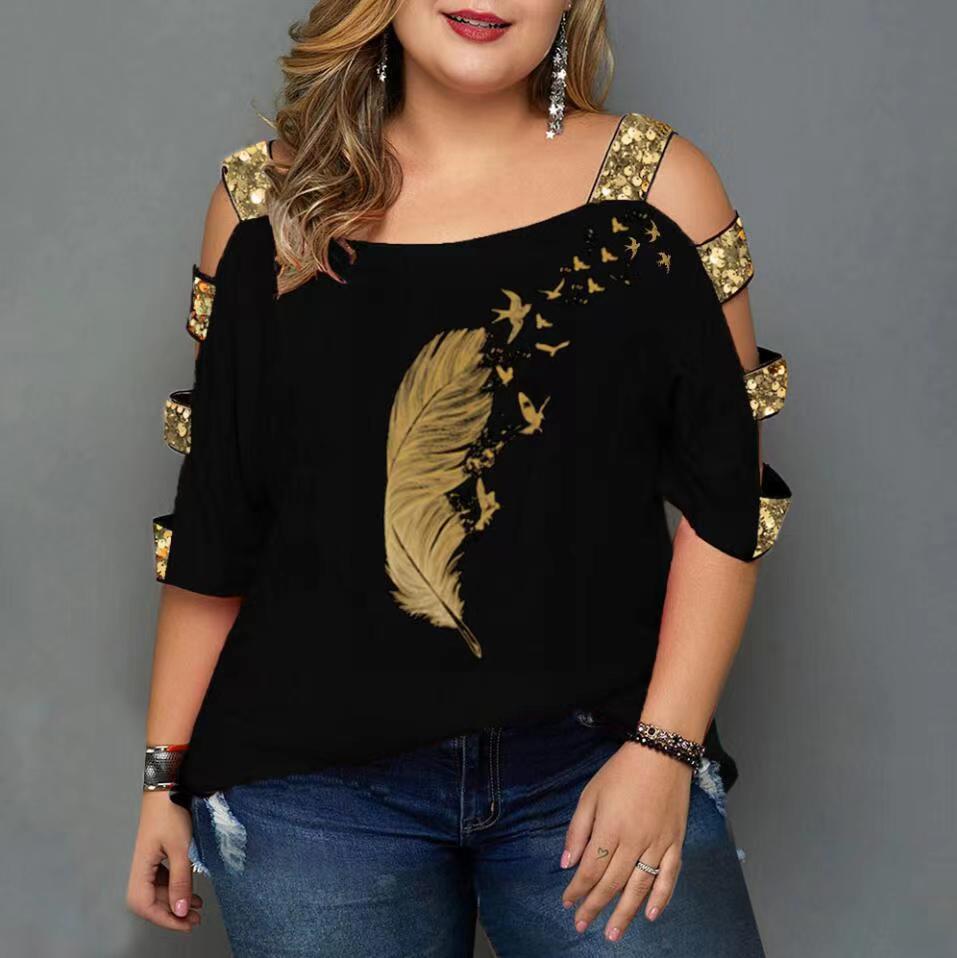 Girdle off-the-Shoulder Hollow-out Sequined T-shirt Top for Women