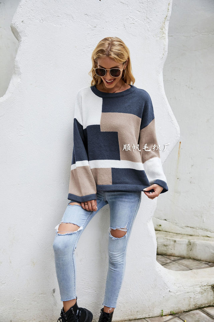 round Neck Multicolor Knitwear Large Size Loose Pullover Long Sleeve Sweater Women's Clothing