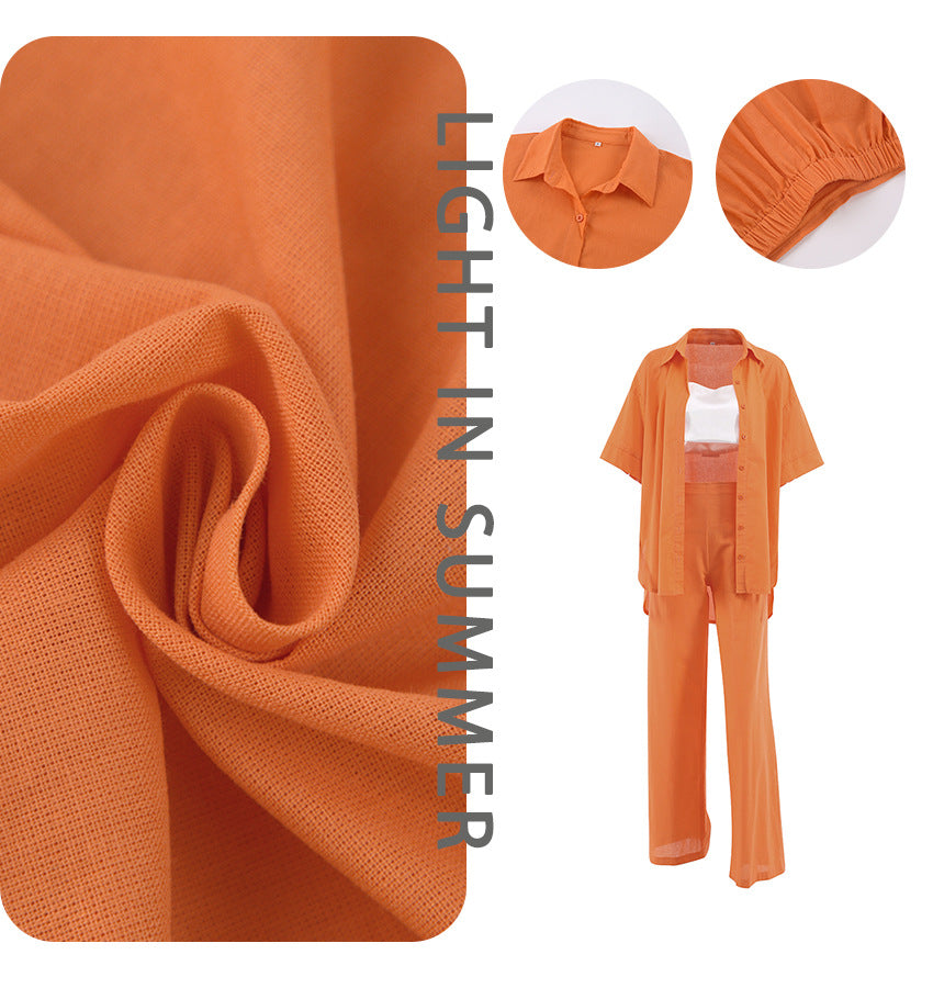 Cotton and Linen Shirt and Trousers Suit European and American Leisure Street Work Clothes for Women Vacation Style Orange