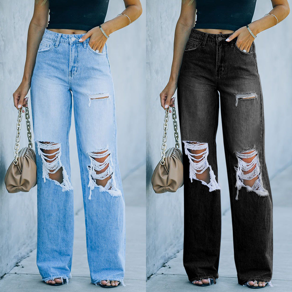 Ripped Leisure Elegant Washed Wide-Leg Jeans Street Fashion