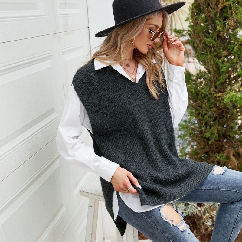 Casual Vest Top Mid-Length Sleeveless V-neck Sweater Loose Outer Wear Knitted Vest