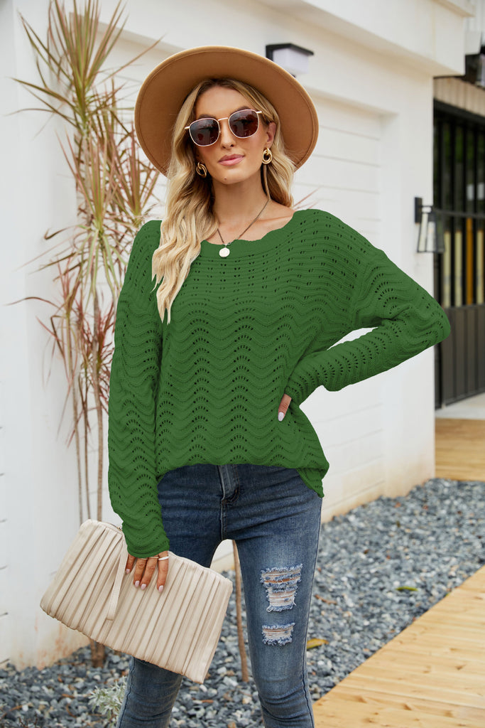 Solid Color Hollow-Out Pullover Lace Knitwear Off-Shoulder Sweater For Women